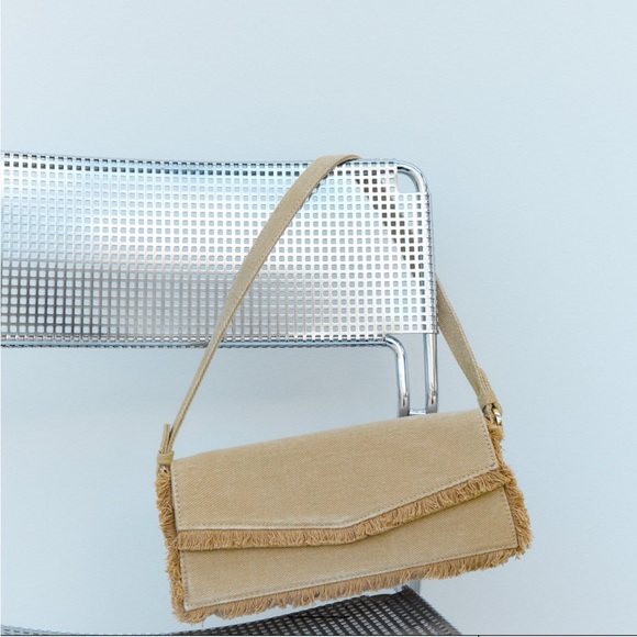 Zara Beige Tan Neutral Fabric shoulder Bag Handbag frayed trim Magnetic flap NWT - Picture 2 of 15